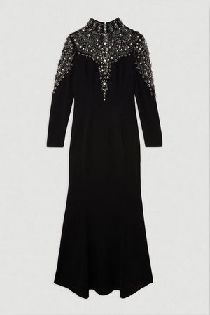 Premium Crystal Embellished Woven Maxi Dress | Karen Millen