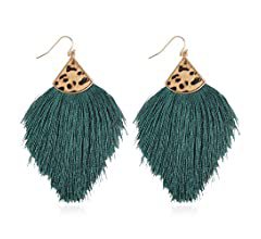 Amazon.com: Bohemian Silky Thread Fan Fringe Tassel Statement Earrings - Lightweight Strand Feather Shape Dangles (Feather Fringe - Teal Blue): Clothing