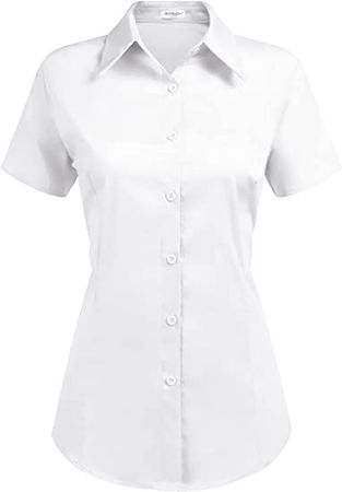 Hotouch Women's Basic Button Up Shirt Short Sleeve Stretchy Button Down Collared Shirts Waitress Work Shirt at Amazon Women’s Clothing store