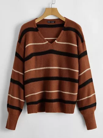 Drop Shoulder Striped Sweater | SHEIN USA brown