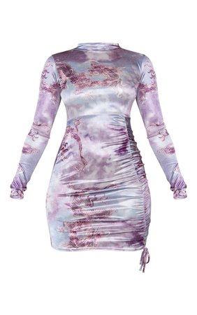 Lilac Oriental Print Satin Stretch Ruched Bodycon - PrettyLittleThing USA
