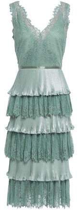 Tiered Satin-trimmed Plisse-lame And Lace Dress