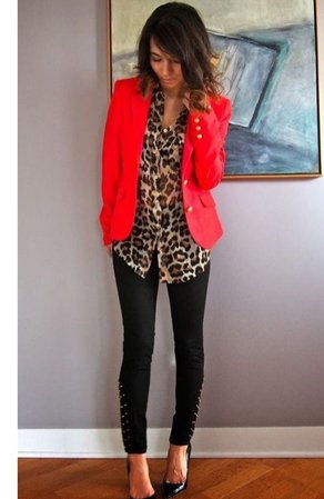 red blazer and leopard print blouse