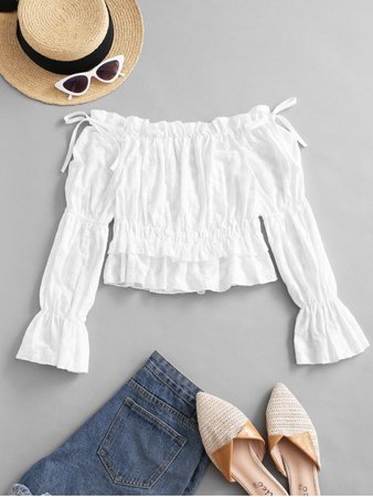 [35% OFF] [HOT] 2020 Off Shoulder Embroidery Ruffle Poet Sleeve Blouse In WHITE | ZAFUL