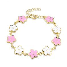 Gold Pink Color Enamel Drop oil Flower Bracelets for Women Girl Female