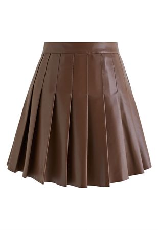 Faux Leather Pleated Flare Mini Skirt in Brown - Retro, Indie and Unique Fashion