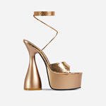 Bite-Me Lace Up Peep Toe Platform Statement Heel In Gold Snake Print Faux Leather | EGO