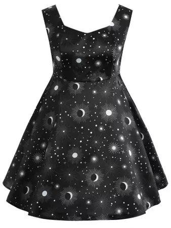 Black 1x Plus Size Moon Sun Print Sleeveless Dress | RoseGal.com