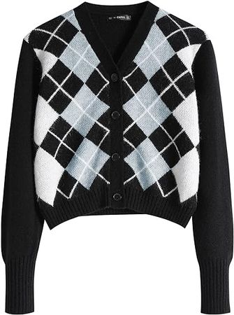 ZAFUL Women's Argyle Cardigan Long Sleeve Button Up V Neck Preppy Knit Cropped Sweater (5-Black) at Amazon Women’s Clothing store