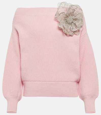 Oscar de la Renta - Floral-appliqué off-shoulder wool sweater | Mytheresa