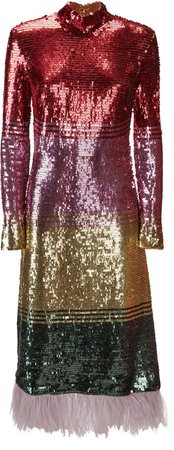 Gala Feather-Embellished Sequin Dress