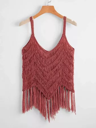 Solid Fringe Hem Knit Top | SHEIN USA burgundy
