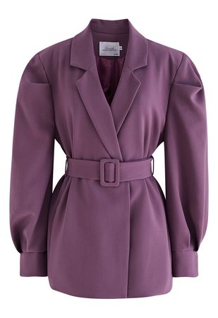 Belted Puff Shoulder Blazer in Violet - Retro, Indie and Unique Fashion