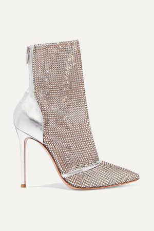 Silver 105 crystal-embellished metallic leather and mesh ankle boots | Gianvito Rossi | NET-A-PORTER