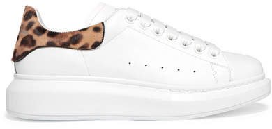 Calf Hair-trimmed Leather Exaggerated-sole Sneakers - White