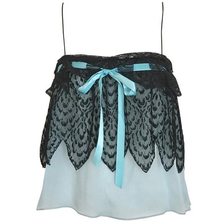 Yves Saint Laurent Blue and Black Silk Lace Spaghetti Strap Blouse For Sale at 1stdibs