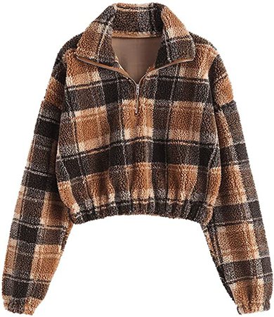 ZAFUL Women's Sherpa Pullover Faux Fur Half Zip Long Sleeve Crop Sweatshirt (Brown, S) at Amazon Women’s Clothing store