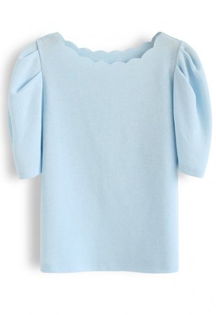 Wavy Neck Bubble Short Sleeves Top in Baby Blue - Short Sleeve - TOPS - Retro, Indie and Unique Fashion