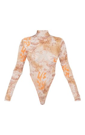 Orange Print Mesh Stitch Bodysuit | PrettyLittleThing USA