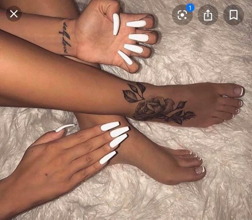 white mani pedi, rings, toe rings, tattoo, nails
