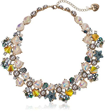 Betsey Johnson "Crabby Couture" Pearl and Stone Seashell Cluster Collar Strand Necklace, Blue, One Size: Clothing