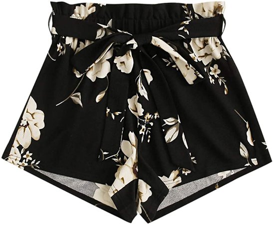 Floerns Women's Summer Casual Floral Print Elastic Waist Belted Shorts Black