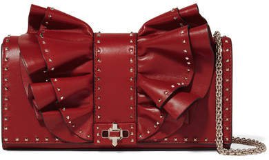 Garavani Very V Studded Ruffled Leather Shoulder Bag - Red