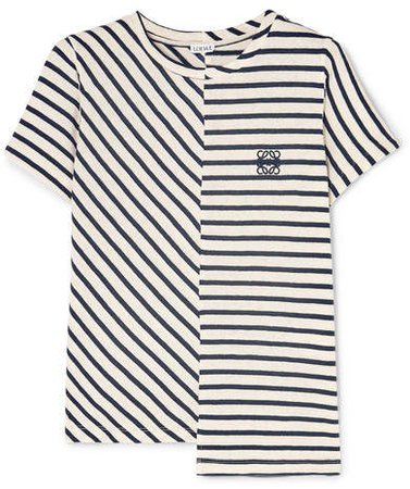 Asymmetric Embroidered Striped Cotton-jersey T-shirt - Navy