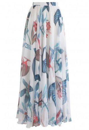 Tropical Floral Watercolor Maxi Skirt in White - Retro, Indie and Unique Fashion