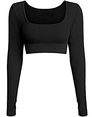OQQ Women's 2 Piece Yoga Crop Top Seamless Stretch Basic Workout Exercise Long Sleeve Crop Tops at Amazon Women’s Clothing store