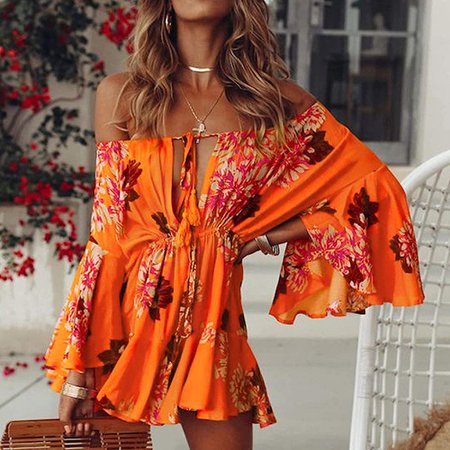 Amazon.com: Fixmatti Boho Shorts Jumpsuit for Women Floral Flounce Sleeve Off The Shoulder Boat Neck Rompers Orange M: Clothing
