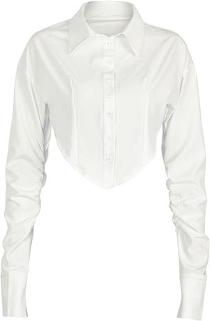 Women Spring Short Blouse Long Sleeve Lapel Button-Down Irregular Crop Tops, Ladies Fall Slim Plain Navel Shirt at Amazon Women’s Clothing store