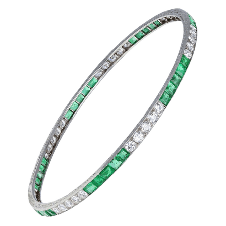Cartier, Art Deco Platinum Emerald Diamond Bangle Bracelet