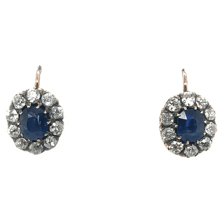 1900 Victorian Burmese Sapphire & Diamond Dangling Gold Earrings