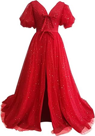 Amazon.com: Fivsole Women's Puffy Sleeve Prom Dresses Sparkle Starry Formal Tulle Evening Gowns with Split : Clothing, Shoes & Jewelry