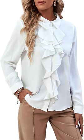 LYANER Women's Collar Neck Button Down Ruffle Front Long Sleeve Blouse Shirt Top at Amazon Women’s Clothing store