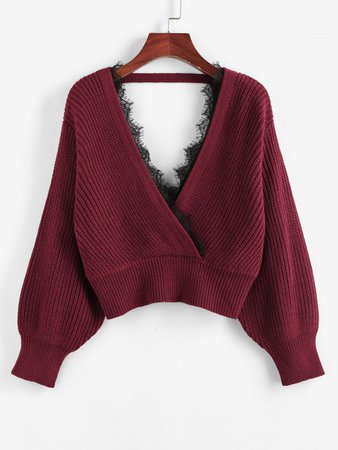 [25% OFF] 2020 ZAFUL Lace Insert Open Back Lantern Sleeve Surplice Sweater In DEEP RED | ZAFUL
