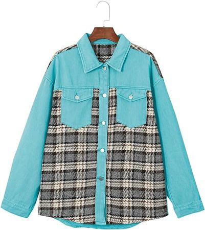 Amazon.com: ZhiHiMeRi Women's Stylish Sky Blue Plaid Patchwork Denim Jacket with Pockets : Clothing, Shoes & Jewelry