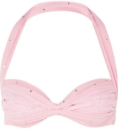 Bill Embellished Stretch-tulle Halterneck Bikini Top - Pastel pink
