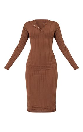 Chocolate Rib Popper Detail Long Sleeve Midi Dress | PrettyLittleThing USA
