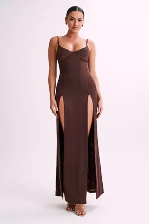 Jojo Jersey Split Maxi Dress With Diamante - Chocolate - MESHKI U.S