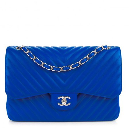 CHANEL Caviar Chevron Quilted Jumbo Double Flap Bright Blue 155938