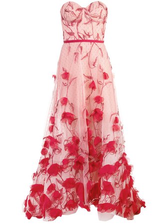 Red Marchesa Notte Strapless Floral Dress For Women | Farfetch.com