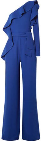 One-sleeve Ruffled Crepe Jumpsuit - Cobalt blue