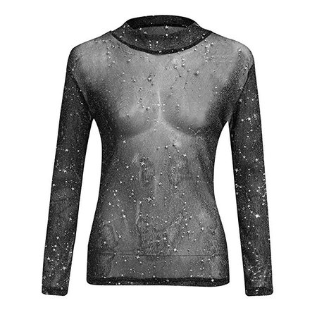 Womens Sequin Top, Sexy See-Through Long Sleeve Glitter Mesh Sheer Sparkle Tunic Shirt Club Party Blouse S-2XL at Amazon Women’s Clothing store: