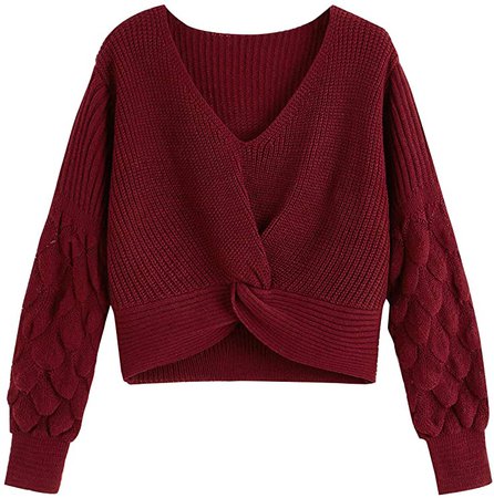 MakeMeChic Women's Casual V Neck Sweater Long Sleeve Knot Front Crop Top Pullovers Red L at Amazon Women’s Clothing store