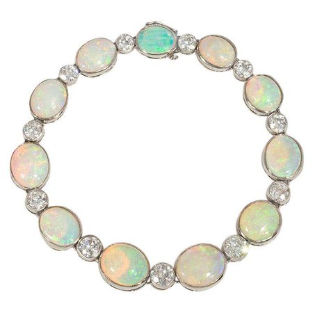 French Art Deco Opal, Diamond, and Platinum Line Bracelet For Sale at 1stDibs