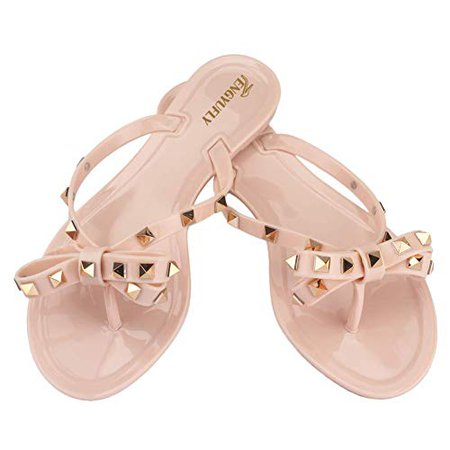 Amazon.com | TENGYUFLY Womens Rivets Bowtie Flip Flops Jelly Thong Sandal Rubber Flat Summer Beach Rain Shoes | Flats