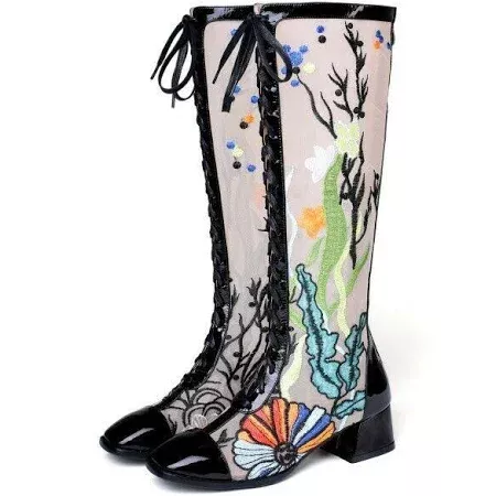 Womens Fashion Fishnet Mesh Floral Lace Up Mid Heel Knee High Boots