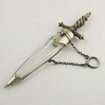unusual Victorian perfume bottle in the shape of a sword, fitted with a ring to hang from a chatelaine